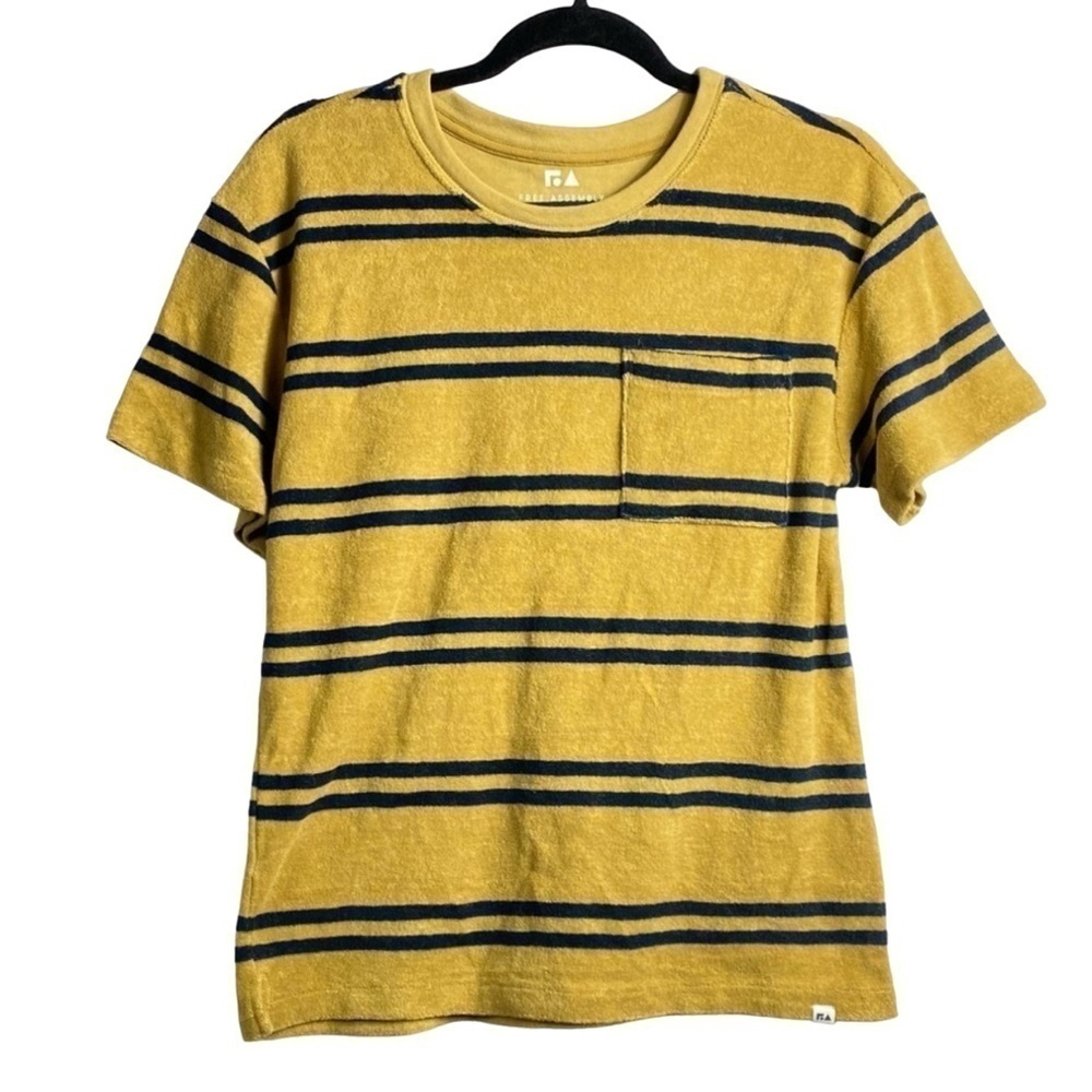 Free Assembly Boys XL 14/16 Mustard & Navy Stripes Crew Neck Terry Cloth Top